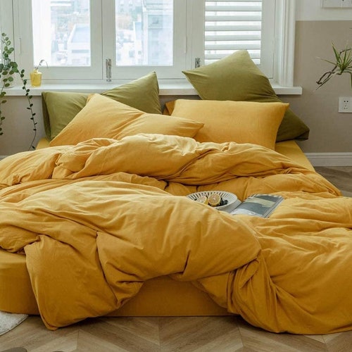3 Pc Pastel Bedding Set Yellow Stonewashed Cotton Duvet Etsy