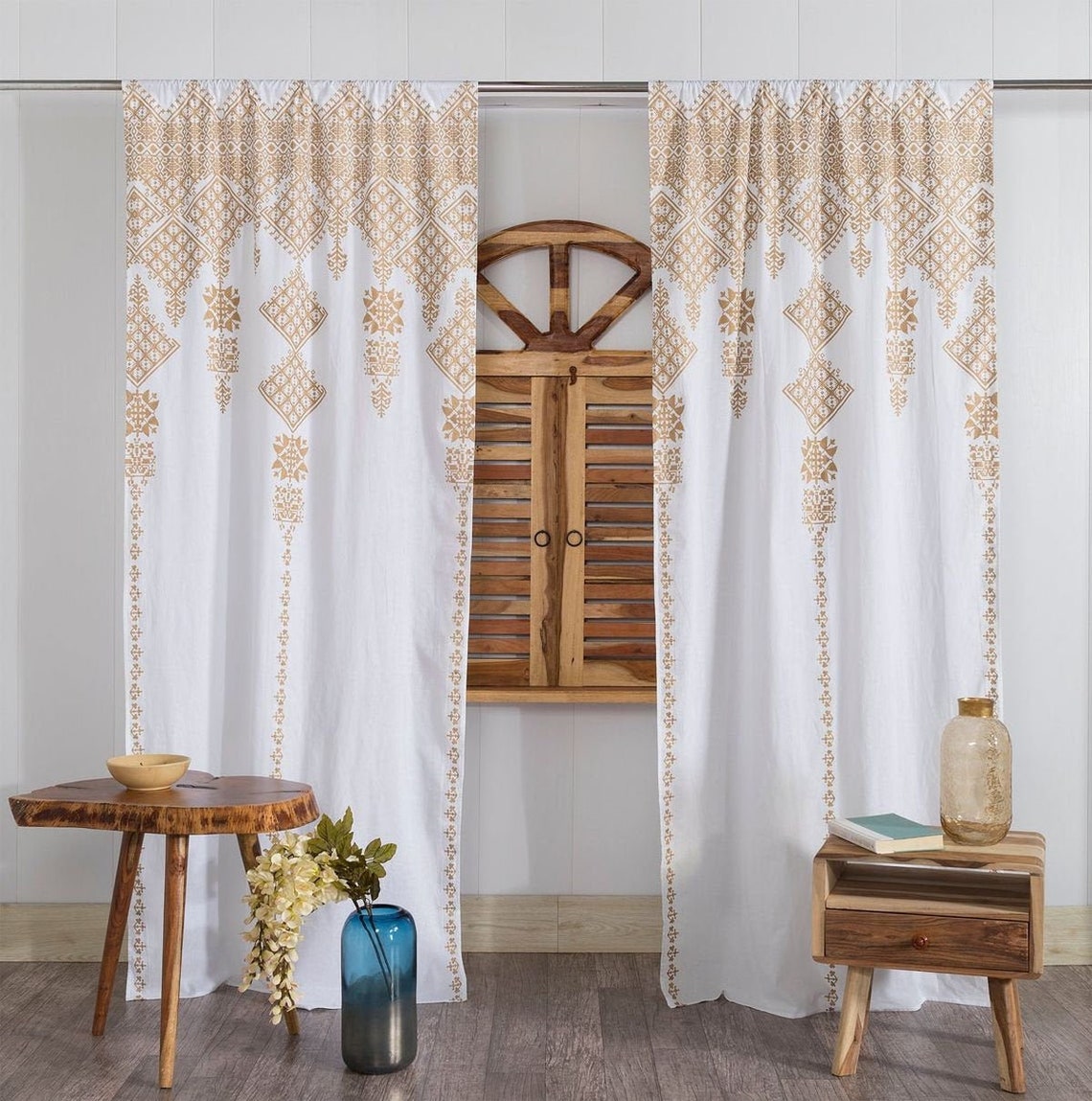 White Gold print Curtains for home/hotel/bedroom tassels Etsy