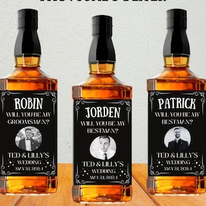 Whiskey Bottle Label Stickers, Personalized Groomsmen Proposal, Best Man, Bridesmaid, Man of Honor Gift, Printable Liquor Label, Photo Label