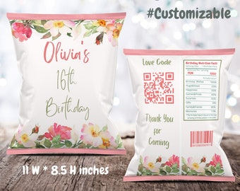Puede incluir: Una bolsa de patatas fritas blanca con un diseño floral rosa y el texto "Olivia's 16th Birthday". La parte posterior de la bolsa tiene un código QR, el texto "Love Code", "Thank You for Coming" y una etiqueta de información nutricional con el encabezado "Birthday Nutrition Facts". La bolsa mide 11 pulgadas de ancho por 8,5 pulgadas de alto.