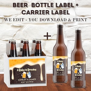 Etiqueta para botella de cerveza personalizada e imprimible digitalmente + etiqueta para el portador, se adapta a botellas de 12 oz, Baby is Brewing, regalo para baby shower, recuerdo de fiesta, regalo de cerveza