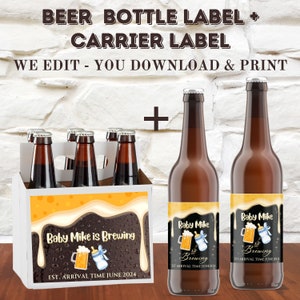 Etiqueta para botella de cerveza personalizada e imprimible digitalmente + etiqueta para el portador, se adapta a botellas de 12 oz, Baby is Brewing, regalo para baby shower, recuerdo de fiesta, regalo de cerveza