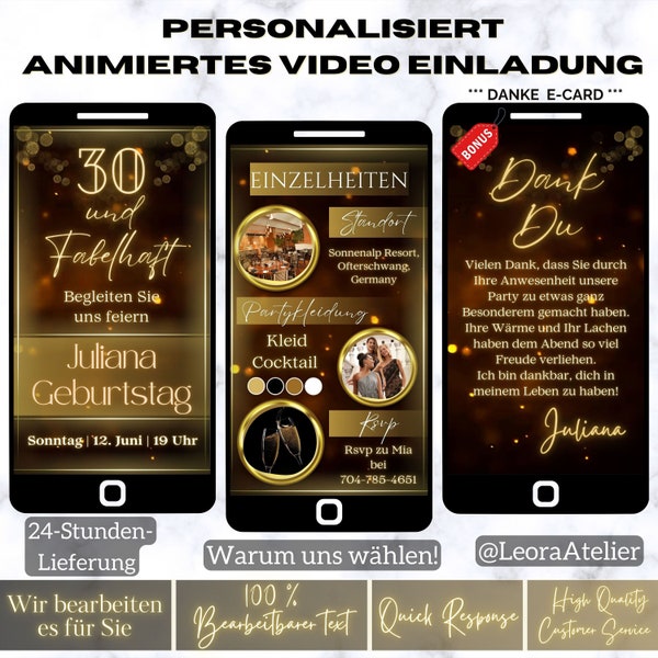 Wir bearbeiten es für Sie, digitale animierte Videoeinladung, personalisierte Geburtstagseinladung, Feliz Cumpleanos, Partyeinladung, German