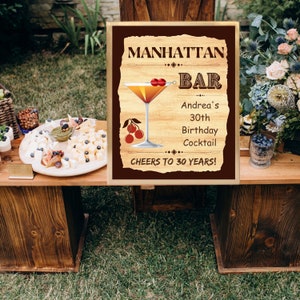 MANHATTAN Bar cartello personalizzato per feste + scheda ricetta, drink esclusivo, set di 2 cartelli per feste COCKTAIL fai da te, decorazioni per feste, menù, striscione