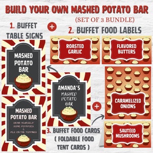 Construya su propia barra de puré de papa, letrero de buffet de barra de comida + tarjetas de buffet + letrero de mesa personalizado + tarjeta de tienda de comida + etiquetas de alimentos, fiesta de bricolaje