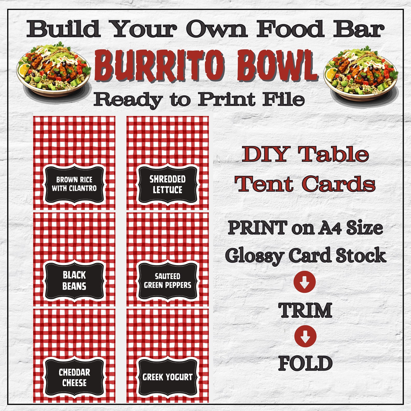 Build Your Own Burrito Bowl Bar | Food Bar Buffet Sign, Buffet Cards ...
