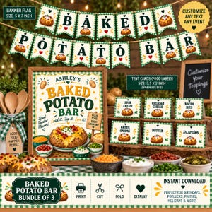 Pode incluir: Um kit de festa para bar de batata assada com uma bandeira de flâmulas com bordas xadrez verdes, uma placa emoldurada 'Ashley's Baked Potato Bar' e seis cartões de comida para 'Sour Cream', 'Cheddar Cheese', 'Bacon Bits', 'Green Onions', 'Butter', 'Jalapeños'.