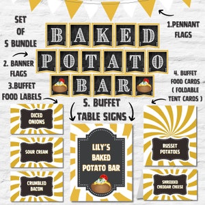Construya su propio letrero de buffet de barra de papas al horno + tarjetas de buffet + letrero de mesa personalizado + tarjeta de tienda de comida + etiquetas de alimentos, configuración de fiesta de bricolaje.