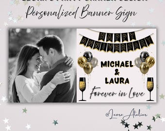 Personalized Anniversary Banner, Custom Photo & Text, Wedding Anniversary Party Sign, Couple Celebration Backdrop, Indoor Outdoor Decor.
