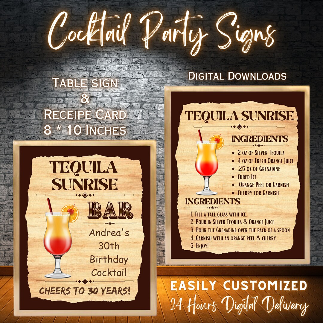 TEQUILA SUNRISE Bar Table Sign Recipe Card Signature Drink Etsy