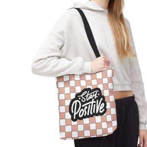 Bleiben Sie positiv Tragetasche Karierte Muster Tasche | Motivierende ästhetische Tasche | tägliches positives Zitat Geschenk | Süße Umhängetasche
