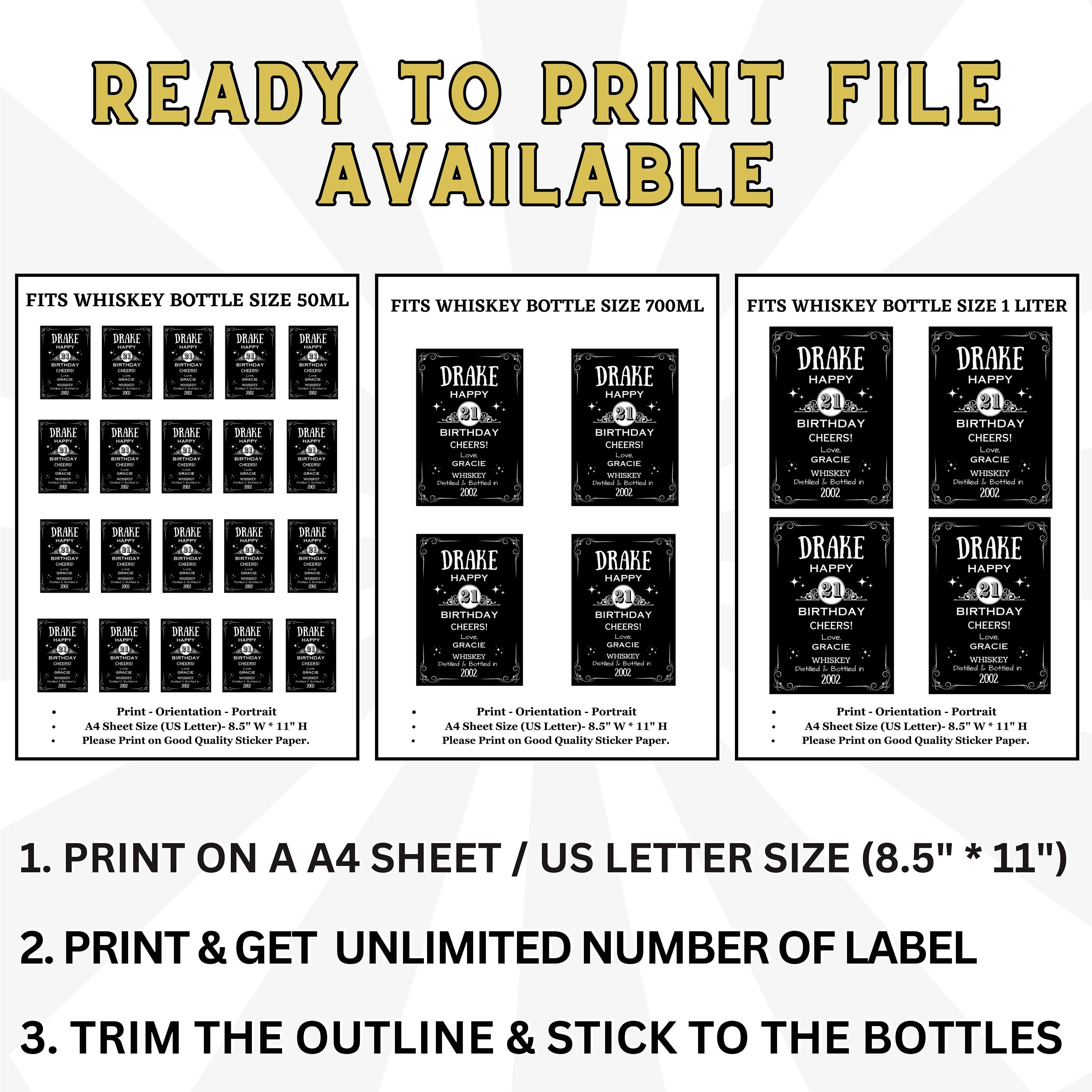 Etichetta Personalizzata Stampabile Per Bottiglie Di Whisky Da 50 Ml, 500 Ml, 700 Ml E 1 L, Regali Di Compleanno Per Lui, Regali Di Whisky Per Lei, Bomboniere Per Gli Ospiti - Italia - Foto 7