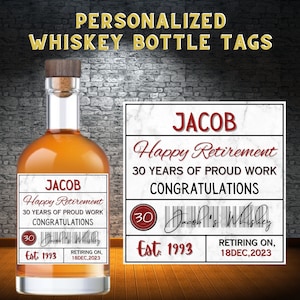 Personalized Whiskey Bottle Label, Retirement Whiskey Label, Retirement Gifts, Gifts for Him, Gifts for Her, Custom Party Favours for Guest.