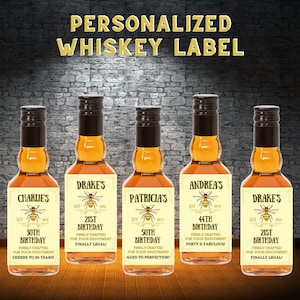 Printable Personalized Mini Whiskey Bottle Label Sizes 50ML, Birthday Gift, Party Favors for Guests, Gifts for Him / Her, Aged to Perfection