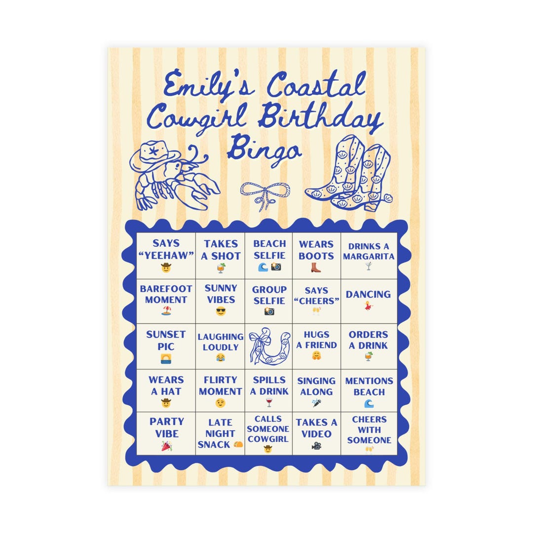 Coastal Cowgirl Birthday Bingo Postcards | Fun Beach Cowgirl Party Game ...