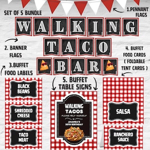 May include: A set of printable party decorations for a walking taco bar. The set includes pennant flags, banner flags, food labels, buffet food cards, and buffet table signs. The decorations feature a chalkboard style with red and white gingham accents.