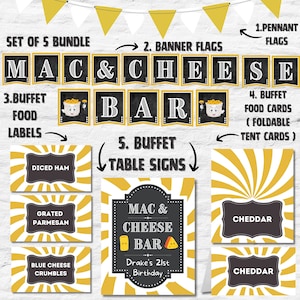 May include: A set of 5 printable Mac and Cheese party decorations. The set includes a banner, food labels, tent cards, and table signs. The decorations are black and white with yellow accents and feature a cartoon image of a bowl of mac and cheese.