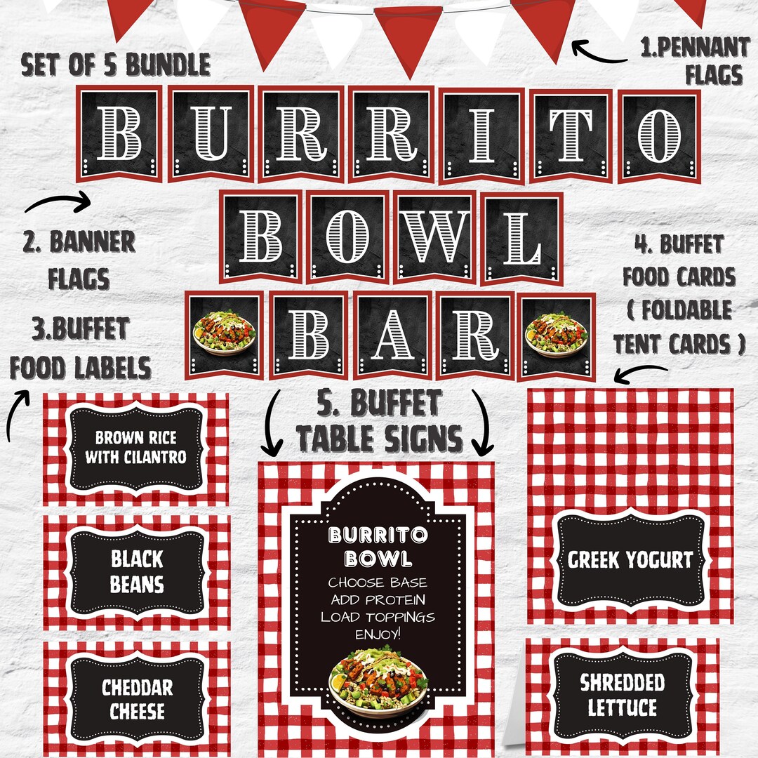 Build Your Own Burrito Bowl Bar | Food Bar Buffet Sign, Buffet Cards ...