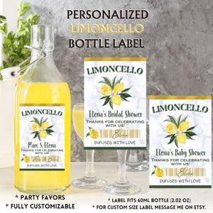 May include: Personalized Limoncello bottle labels with a lemon design. The labels are customizable and fit 60 ml bottles. The text on the labels reads "Limoncello", "Elena's Bridal Shower", "Thanks for celebrating with us!" and "Infused with love".