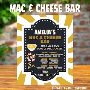 Bygg din egen Mac & Cheese-bar | Matbar-affisch, specialanpassad bordsskylt, gör-det-själv-buffédekor, matstation för födelsedagsfest, festdekoration
