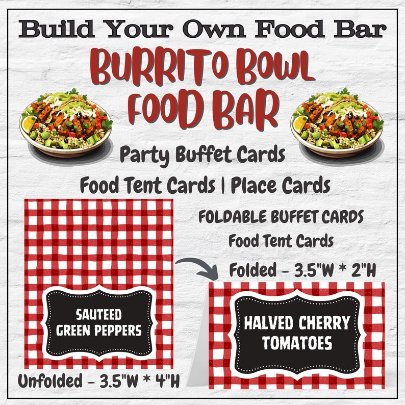 Build Your Own Burrito Bowl Bar | Food Bar Buffet Sign, Buffet Cards ...