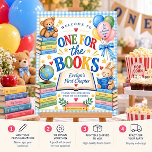 May include: A rectangular welcome sign featuring a blue gingham border, a teddy bear, a rabbit, a globe, and stacks of colorful books. The text reads: Welcome to One for the Books, Evelyn's First Chapter, and Thank you for being part of our story.