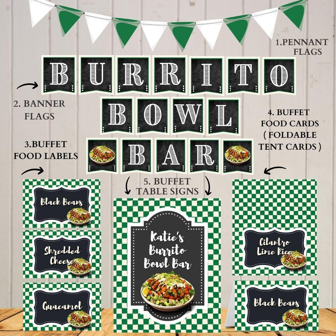 Burrito Bowl Bar Bundle – Buffet Sign, Topping Cards, Personalized ...