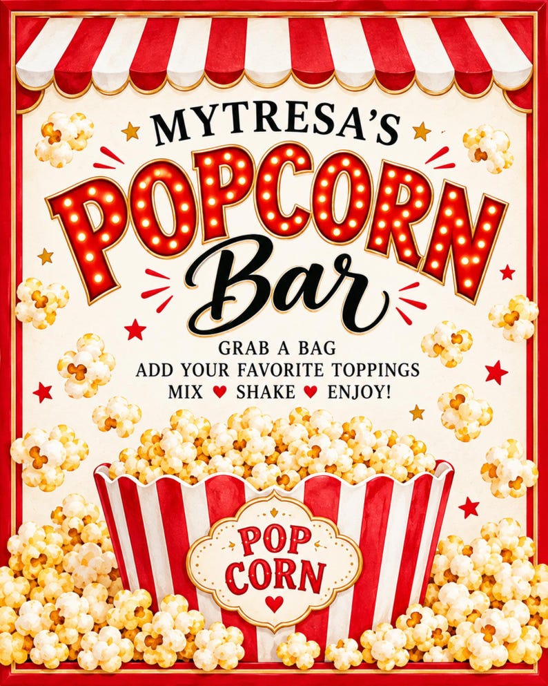 Personalized Popcorn Bar Sign, Carnival Birthday Party Decor, Movie ...