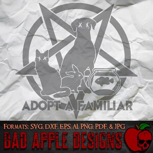 May include: A black and white graphic design of a pentagram with a dog, cat, rabbit, and fish inside. The text "Adopt a Familiar" is below the pentagram. The graphic is on a white background with a crumpled paper texture.