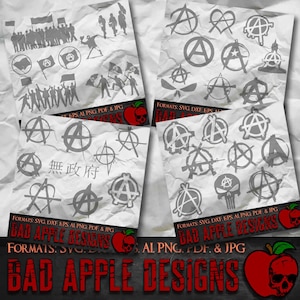 Puede incluir: Una colección de archivos de diseño digital que presentan varios símbolos anarquistas, incluido el símbolo de la anarquía, una calavera y huesos cruzados, y un corazón con una cruz. Los diseños están disponibles en los formatos SVG, DXF, EPS, AI, PNG, PDF y JPG. El texto "Bad Apple Designs" se muestra en rojo con un gráfico de manzana roja y calavera.