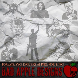 Op de afbeelding: Een verzameling silhouetten van horrorfilmfiguren, waaronder Jason Voorhees, Freddy Krueger, Michael Myers en Leatherface. De afbeelding bevat ook de tekst "FORMATS: SVG, DXF, EPS, AI PNG, PDF, & JPG BAD APPLE DESIGNS".