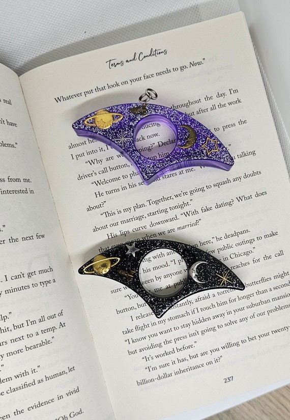 Resin Thumb Page Holders Highlighted Blue/Purple/ Black - Space, moons, rockets, stars, planets - book spreader/reading aid gift idea