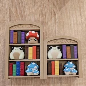 May include: Two miniature beige bookshelves with colourful books, a mushroom, and a frog figurine. The mushroom has a red cap with white spots. The frog is white with black eyes. The books are various colours.