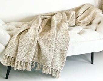 Beige Sand Natural Cotton Boho Waffle Throw Blanket 127cm x 152cm | 50” x 60"