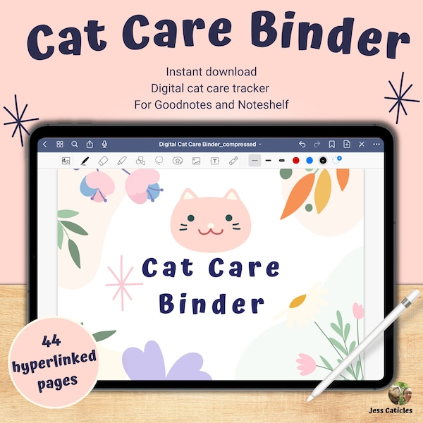 Digital cat care binder, food tracker journal, medical health records, sitter instructions, fillable PDF iPad Goodnotes, Android Noteshelf