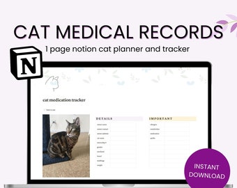 Notion cat medical health records, medication tracker, vet appointment visit, allergy symptoms list, simple aesthetic beginner template