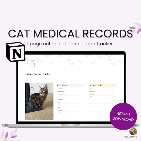 Notion cat medical health records, medication tracker, vet appointment visit, allergy symptoms list, simple aesthetic beginner template