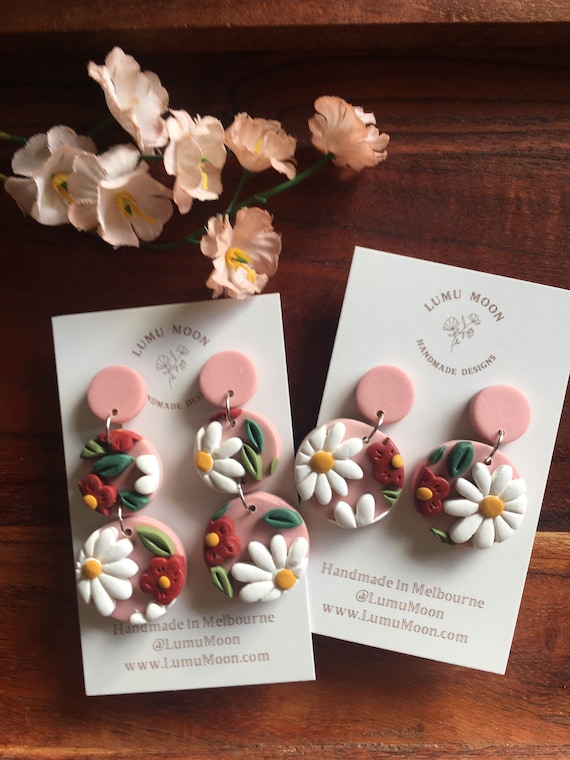 Pink Floral earrings, daisy earrings, polymer clay earrings, nature botanical inspired, floral gifts for her