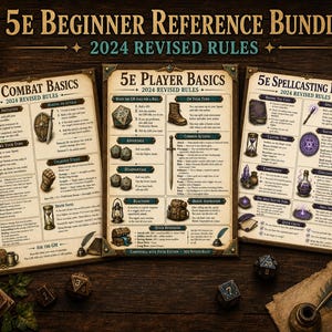 May include: A 5E Beginner Reference Bundle featuring three informational sheets titled 5E Combat Basics, 5E Player Basics, and 5E Spellcasting Basics, all marked 2024 Revised Rules. The sheets contain text, icons, and illustrations of fantasy items.