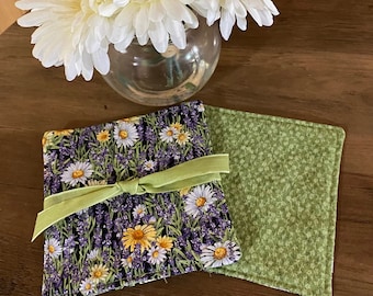 Fabric Coasters, Quilted, Daisy’s, Flowers, Purple, Yellow, White, Green, 5” x 5”,  Set of 2, Farmhouse, Country, Home Decor,  Home Gifts