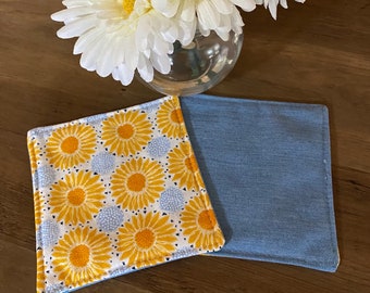 Fabric Coasters, Quilted, Daisy’s, Flowers, Whimsical, Yellow, White, Blue, 5” x 5”,  Set of 2, Contemporary, Home Decor,  Home Gifts