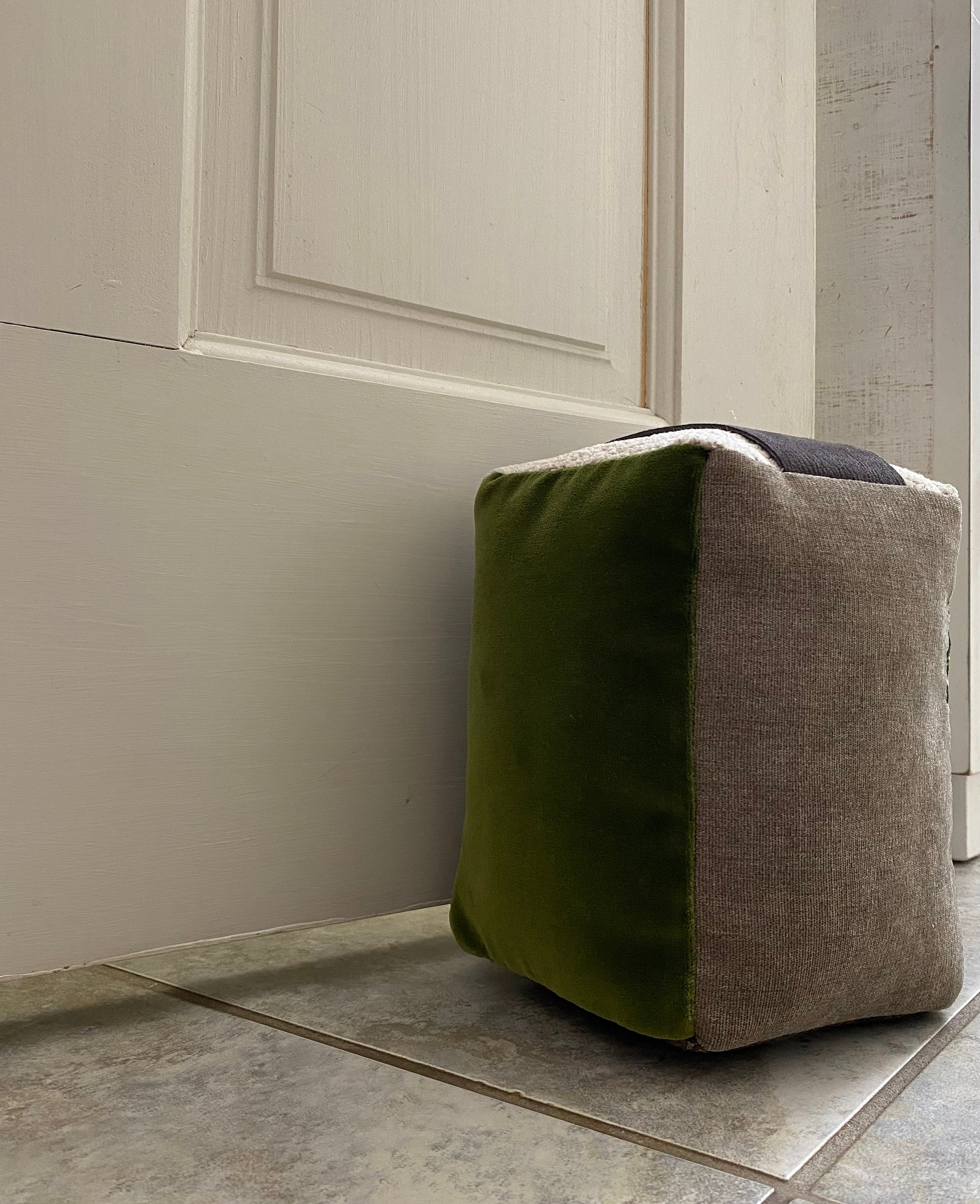 Filled Door Stop With Handle, Dark Green and Beige Velvet, Brown Velvet