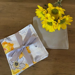 Fabric Coasters, Quilted, Flowers, Yellow, Gray, Bees, 5” x 5”,  Set of 2, Farmhouse, Country, Home Decor,  Home Gifts, Family Room