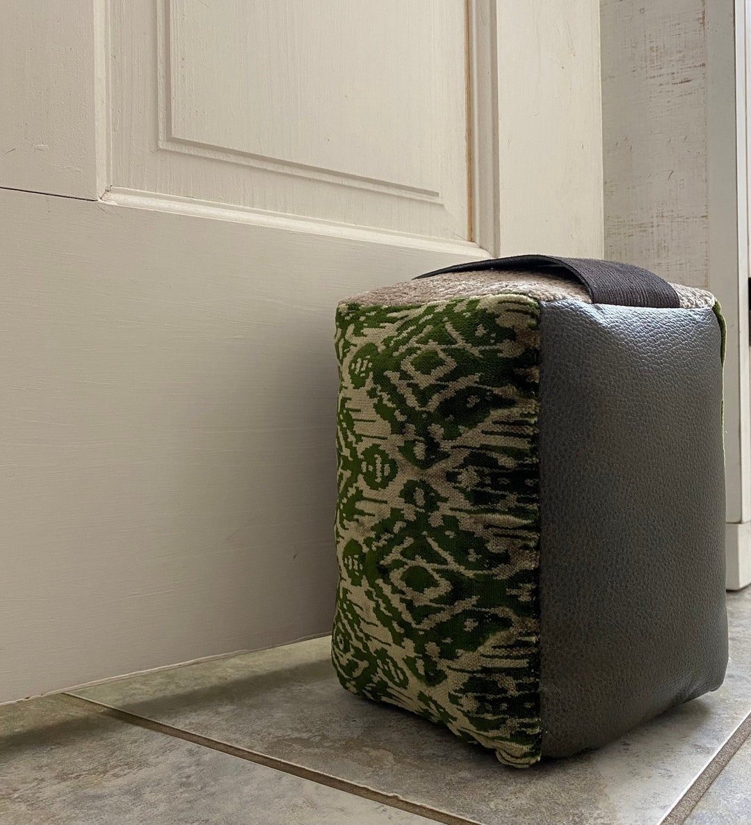 Filled Door Stop With Handle, Dark Green and Beige Velvet, Brown Velvet