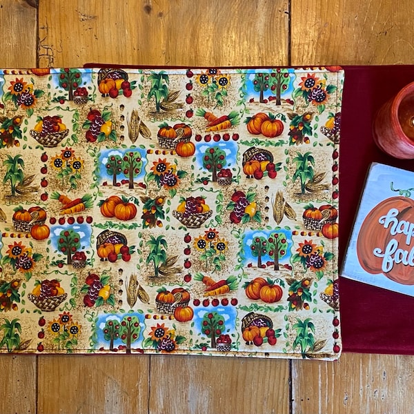 Fabric Placemat, Quilted, Fall, Sunflowers, Pumpkins, Apple Baskets, Corn, Beige, Burgandy, Orange, Green, Reversible Placemats, Home Decor