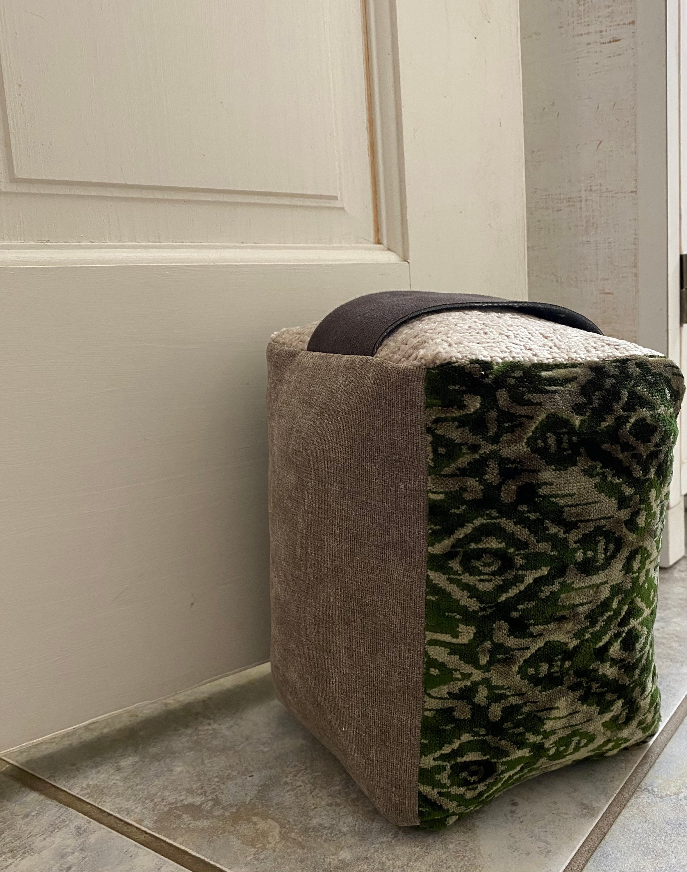 Filled Door Stop With Handle, Dark Green and Beige Velvet, Brown Velvet