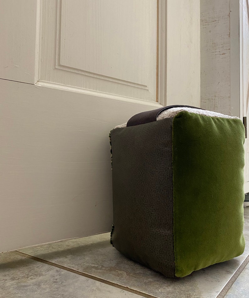Filled Door Stop With Handle, Dark Green and Beige Velvet, Brown Velvet