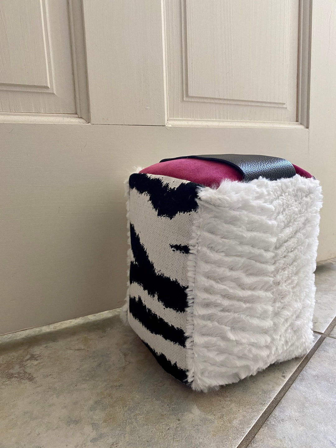 Door Stop With Handle, Filled, Black and White Zebra Print, Fuchsia