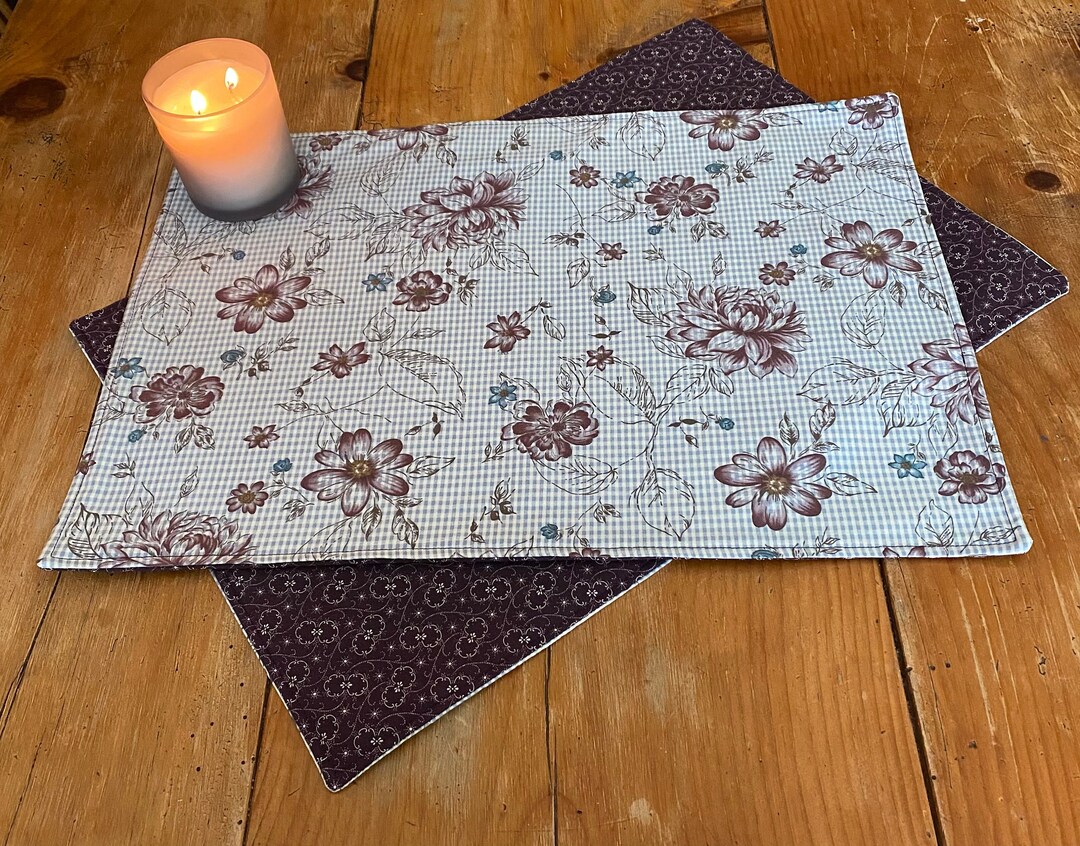 Floral Quilted Placemat, Reversible, Plum, Teal, White, Gingham