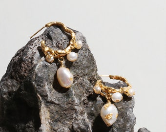 Genesis Earrings - Victorian 14K Gold Plated Earrings w/ Gold Foil, Statement Earrings, Baroque Pearls, Vintage-inspired Hoop Earrings